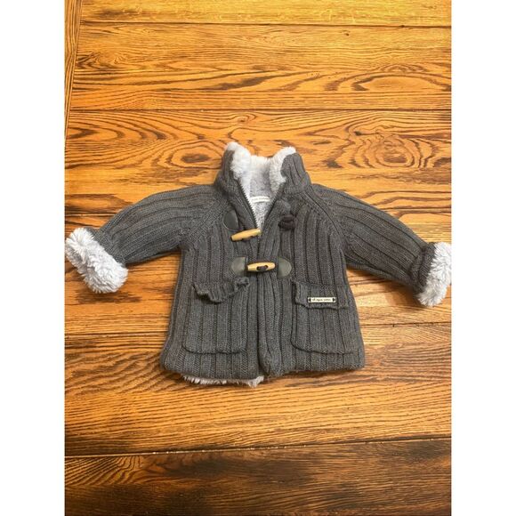 Al Aqua Patos Gray Rib Knit Sherpa Toggle Zip Hooded Coat Jacket Size 12 Months - Picture 1 of 6